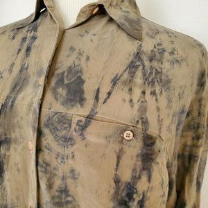 Balenciaga Silk tie dyed painted shirt Blouse 8 10 12 gray black tan green large